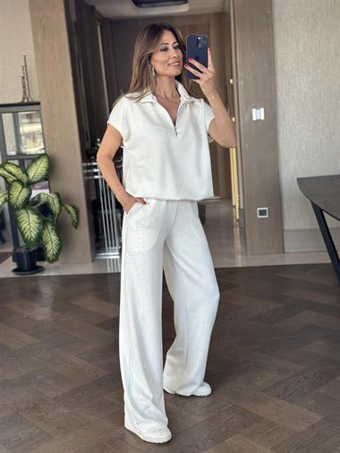 Beyaz Modal Taş Detay Kadın Eşofman Takım