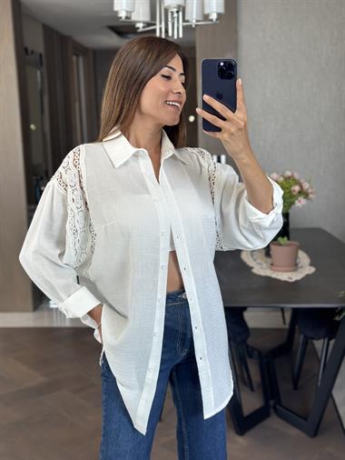 Beyaz Omuzları Dantel Aerobin Kadın Gömlek
