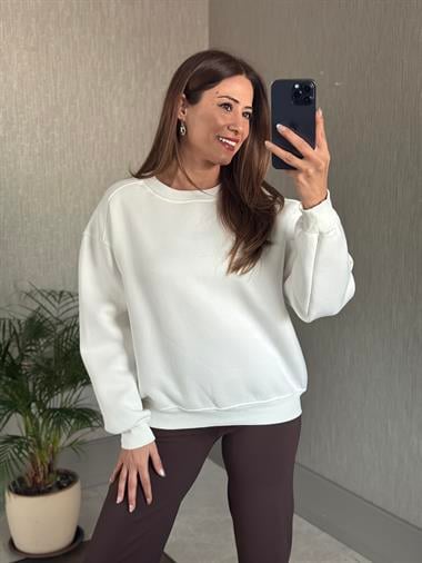 Beyaz Omzu Dikiş Detaylı Bisiklet Yaka Şardonlu Kadın Sweatshirt