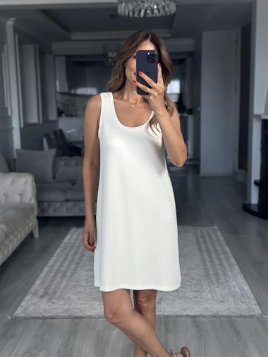 Beyaz Ön Arka U Yaka  Basic Mini Kadın Elbise