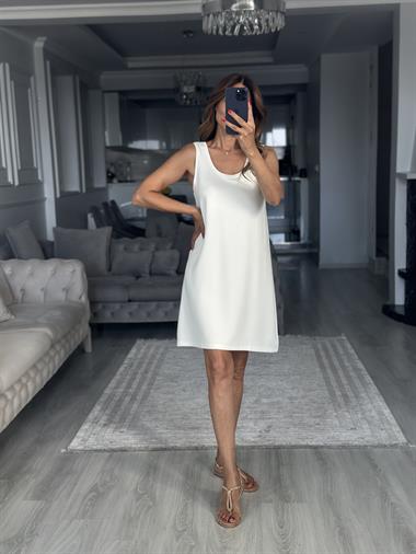 Beyaz Ön Arka U Yaka  Basic Mini Kadın Elbise