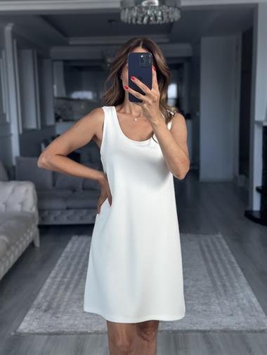 Beyaz Ön Arka U Yaka  Basic Mini Kadın Elbise