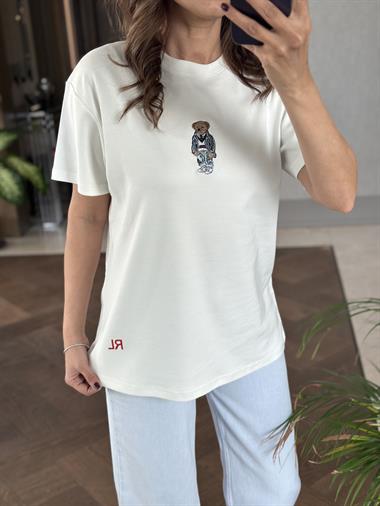 Beyaz Önü Ayıcık RL Model Bisiklet Yaka Kadın T-Shirt