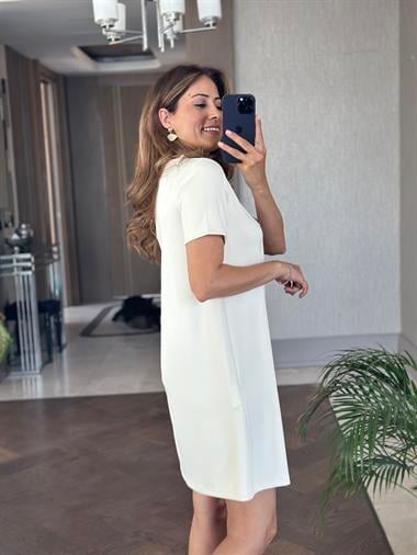 Ekru Önü Dikişli Kısa Kol Modal Kadın Mini Elbise