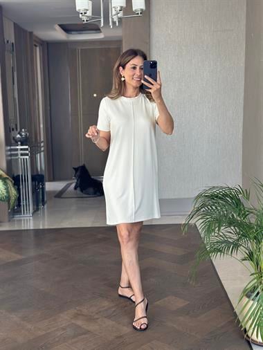 Ekru Önü Dikişli Kısa Kol Modal Kadın Mini Elbise