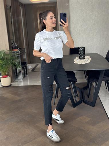 Beyaz Önü İnci Taşlı Bisiklet Yaka Kısa Kol Kadın Triko Bluz