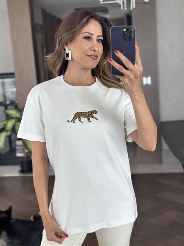 Beyaz Önü Kaplan Nakışlı Bisiklet Yaka  Kadın T-Shirt