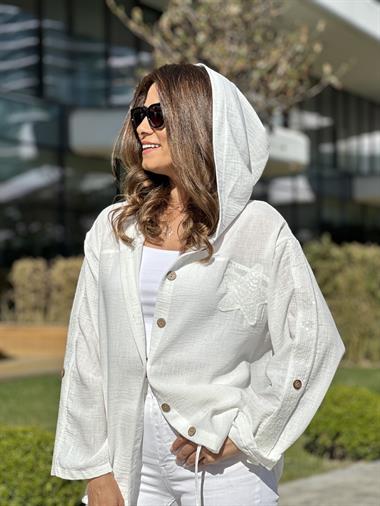 Beyaz Önü Yıldız İşlemeli Kapüşonlu Keten Aerobin Kadın Ceket
