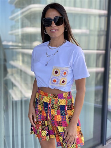 Beyaz Örgü Cepli T-shirt