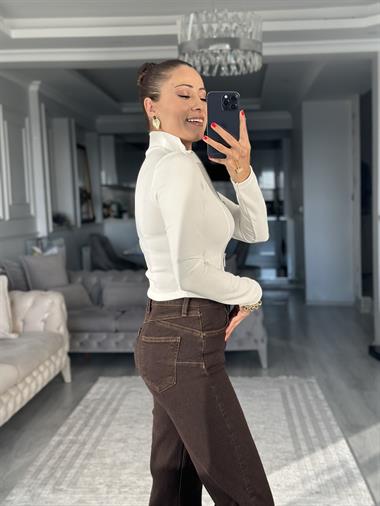 Beyaz Ottoman Kumaş Fermuarlı Parmak Geçmeli Kadın Bluz