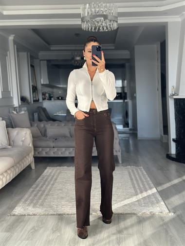 Beyaz Ottoman Kumaş Fermuarlı Parmak Geçmeli Kadın Bluz