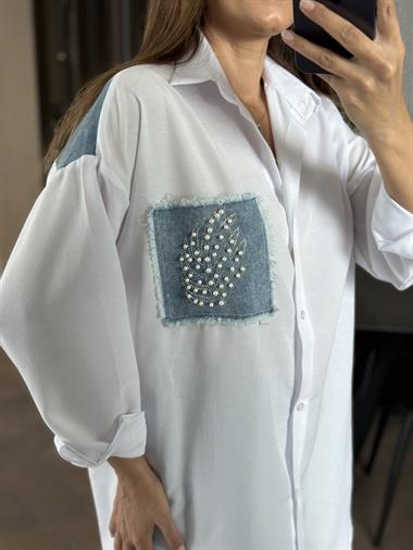 Beyaz Oversize Jean Detay Cebi İncili Kadın Gömlek