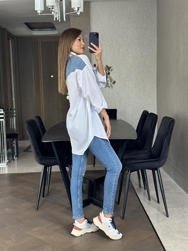Beyaz Oversize Jean Detay Cebi İncili Kadın Gömlek