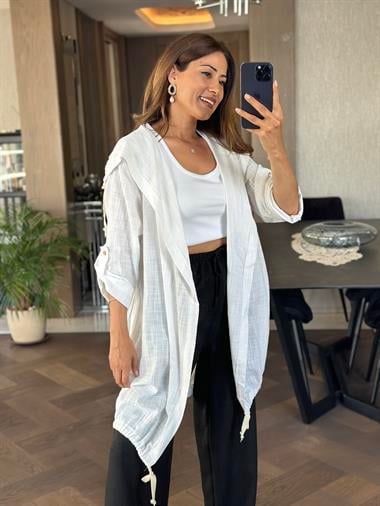 Beyaz Özel Üretim Bağcıklı Kadın Kimono