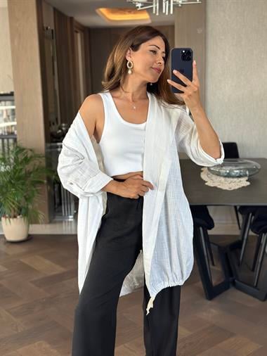 Beyaz Özel Üretim Bağcıklı Kadın Kimono