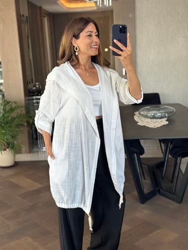 Beyaz Özel Üretim Bağcıklı Kadın Kimono