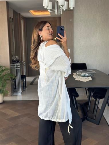 Beyaz Özel Üretim Bağcıklı Kadın Kimono