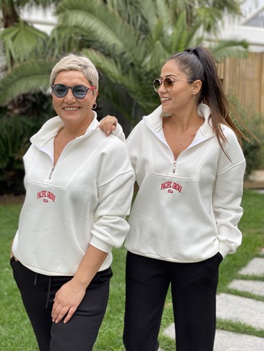 Beyaz Pacific Fermuar Detay Kadın Sweatshirt