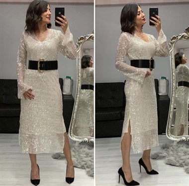 Beyaz Payetli Yırtmaçlı Kadın Elbise