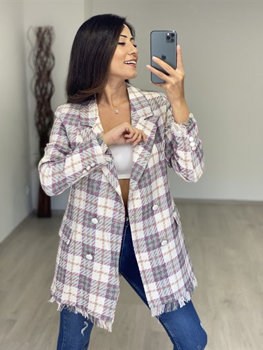 Beyaz Pembe Kareli Eteği Püsküllü Tüvit Kadın Ceket