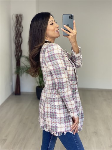 Beyaz Pembe Kareli Eteği Püsküllü Tüvit Kadın Ceket