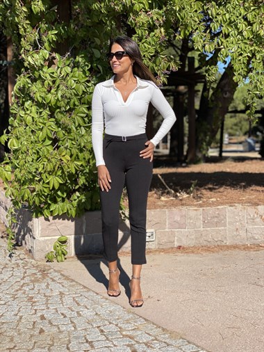 Beyaz Polo Yaka Uzun Kol Fitilli Kaşkorse Kadın Body