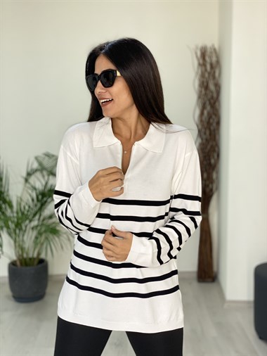 Beyaz Polo Yaka Yarım Fermuarlı Çizgili Kadın Kazak