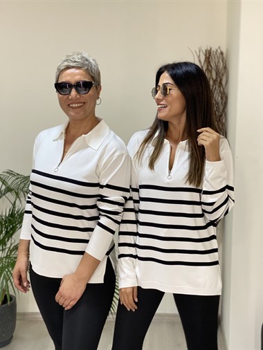 Beyaz Polo Yaka Yarım Fermuarlı Çizgili Kadın Kazak