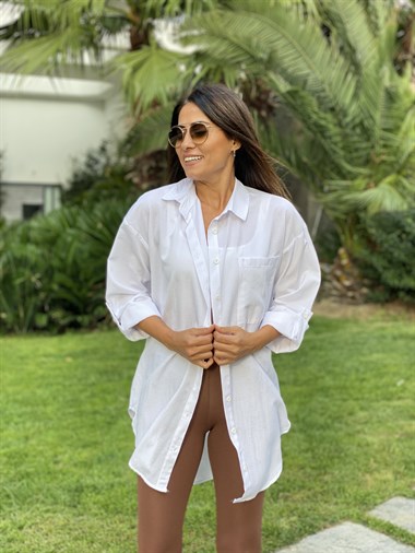 Beyaz Poplin Tek Cepli Tunik Kadın Gömlek