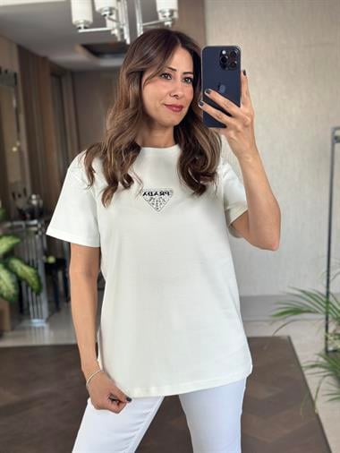 Beyaz Prd Üçgen Logolu Bisiklet Yaka Kadın T-Shirt