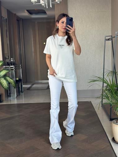 Beyaz Prd Üçgen Logolu Bisiklet Yaka Kadın T-Shirt