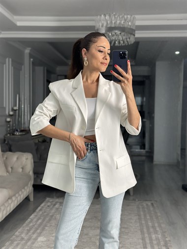 Beyaz Premium Blazer Düğmeli Kadın Ceket