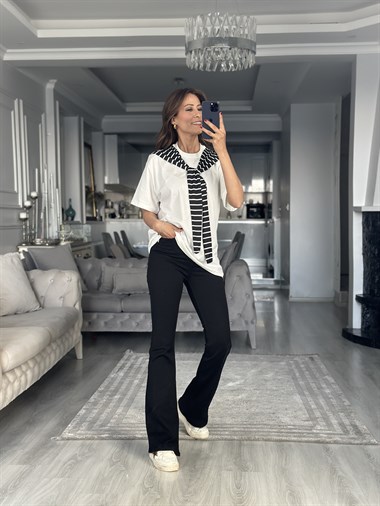 Beyaz Şal Detaylı Siyah Çizgili Kadın T-Shirt