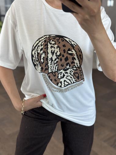Beyaz Şapka Baskılı Taşlı Bisiklet Yaka Kadın T-Shirt