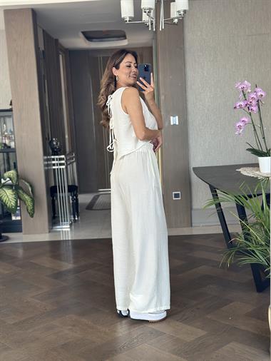 Beyaz Sıfır Kol Arkası Bağcıklı Bluz Pantolon Kadın İkili Takım