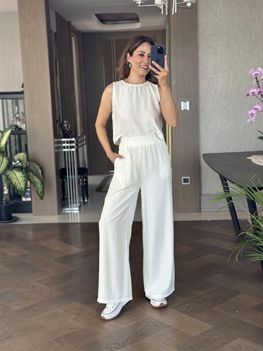 Beyaz Sıfır Kol Arkası Bağcıklı Bluz Pantolon Kadın İkili Takım