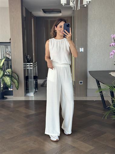 Beyaz Sıfır Kol Arkası Bağcıklı Bluz Pantolon Kadın İkili Takım