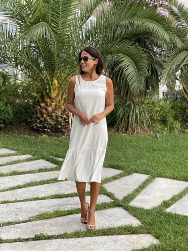 Beyaz Sıfır Kol Eteği Volanlı Aerobin Kadın Elbise