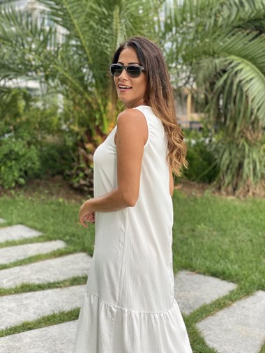 Beyaz Sıfır Kol Eteği Volanlı Aerobin Kadın Elbise