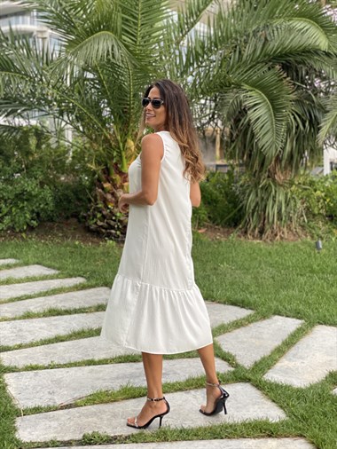 Beyaz Sıfır Kol Eteği Volanlı Aerobin Kadın Elbise