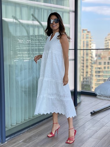 Beyaz Sıfır Kol Hakim Yaka Brodeli Kadın Elbise