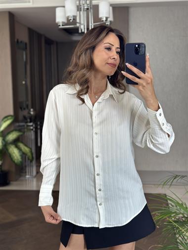 Beyaz Sim Çizgili Uzun Kol Kadın Gömlek