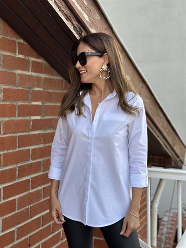 Beyaz Sırtı Çapraz Boyfriend Kadın Gömlek