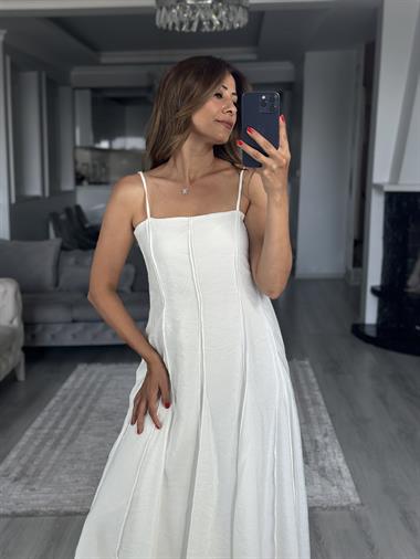 Beyaz Straplez Yaka İnce Askılı Midi Boy Kadın Elbise