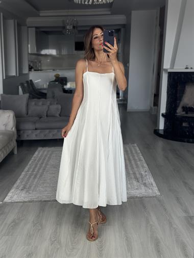 Beyaz Straplez Yaka İnce Askılı Midi Boy Kadın Elbise