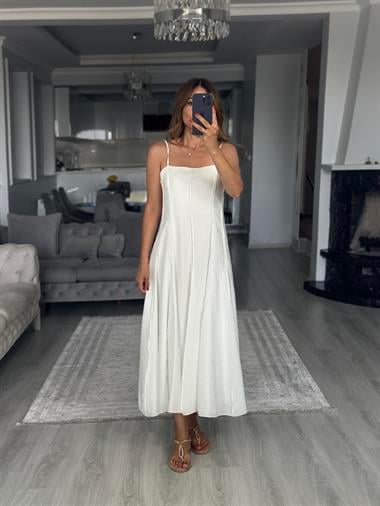 Beyaz Straplez Yaka İnce Askılı Midi Boy Kadın Elbise