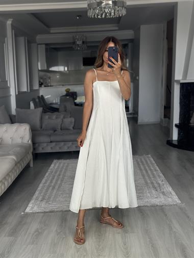 Beyaz Straplez Yaka İnce Askılı Midi Boy Kadın Elbise