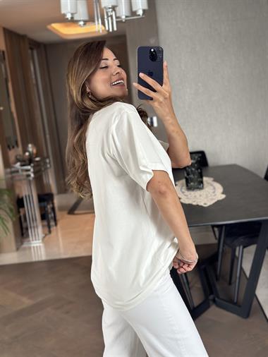 Beyaz Sunday Yazı Baskılı Bisiklet Yaka Oversize T-Shirt