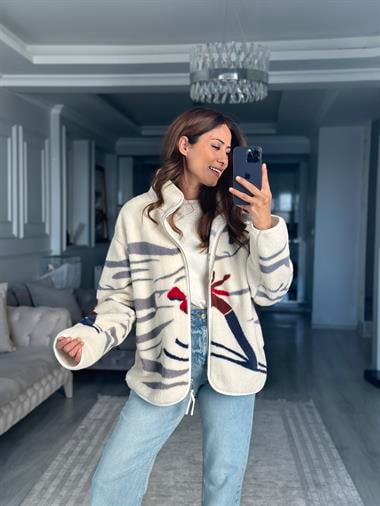 Beyaz Tam Fermuarlı Kayak Desenli  Peluş Kadın Sweatshirt