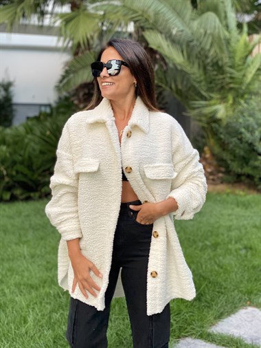 Beyaz Teddy Kuzu Kıvırcık Kadın Gömlek